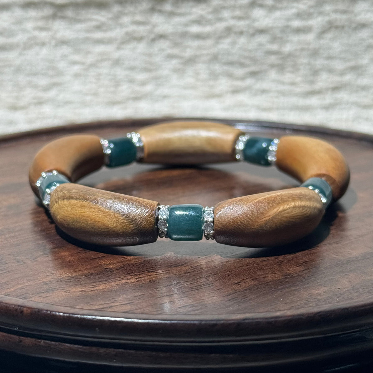 Natural Green Sandalwood & Jadeite Curved Bead Stretch Bracelet
