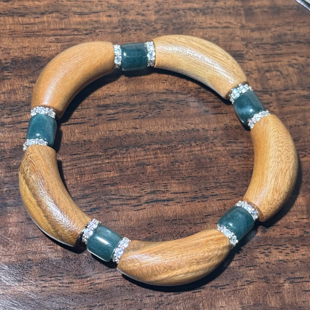 Natural Green Sandalwood & Jadeite Curved Bead Stretch Bracelet