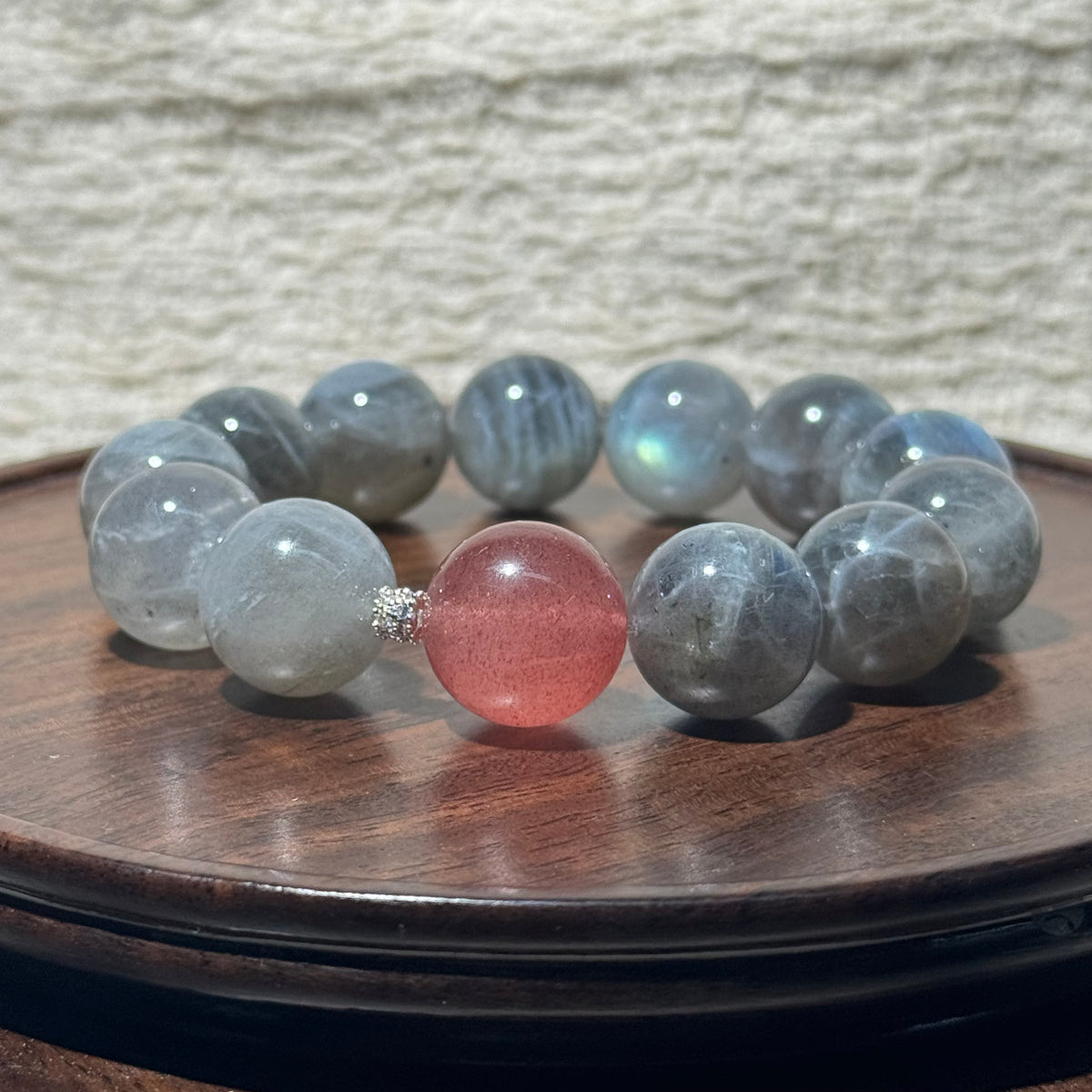 Natural Gray Labradorite Stretch Bracelet, Strawberry Quartz Focal Top Bead Bracelet