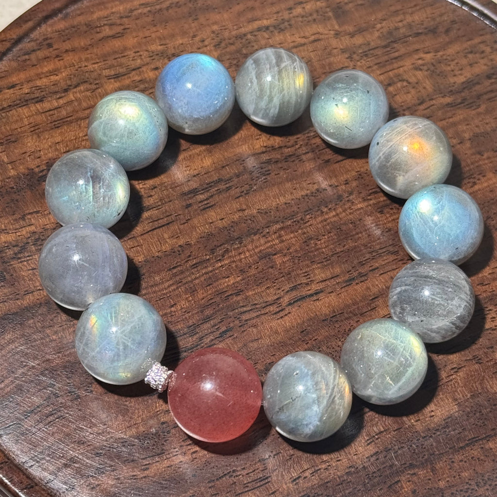 Natural Gray Labradorite Stretch Bracelet, Strawberry Quartz Focal Top Bead Bracelet