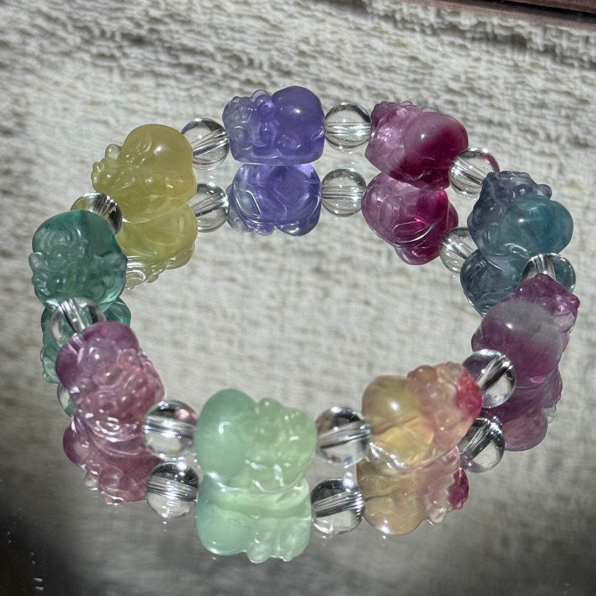 Natural Rainbow Fluorite Carved Pixiu Stretch Bracelet