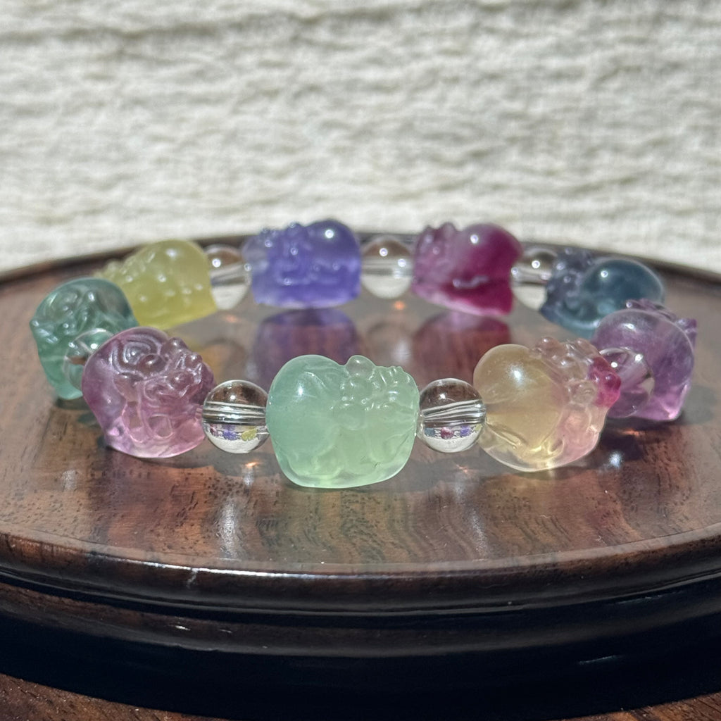 Natural Rainbow Fluorite Carved Pixiu Stretch Bracelet