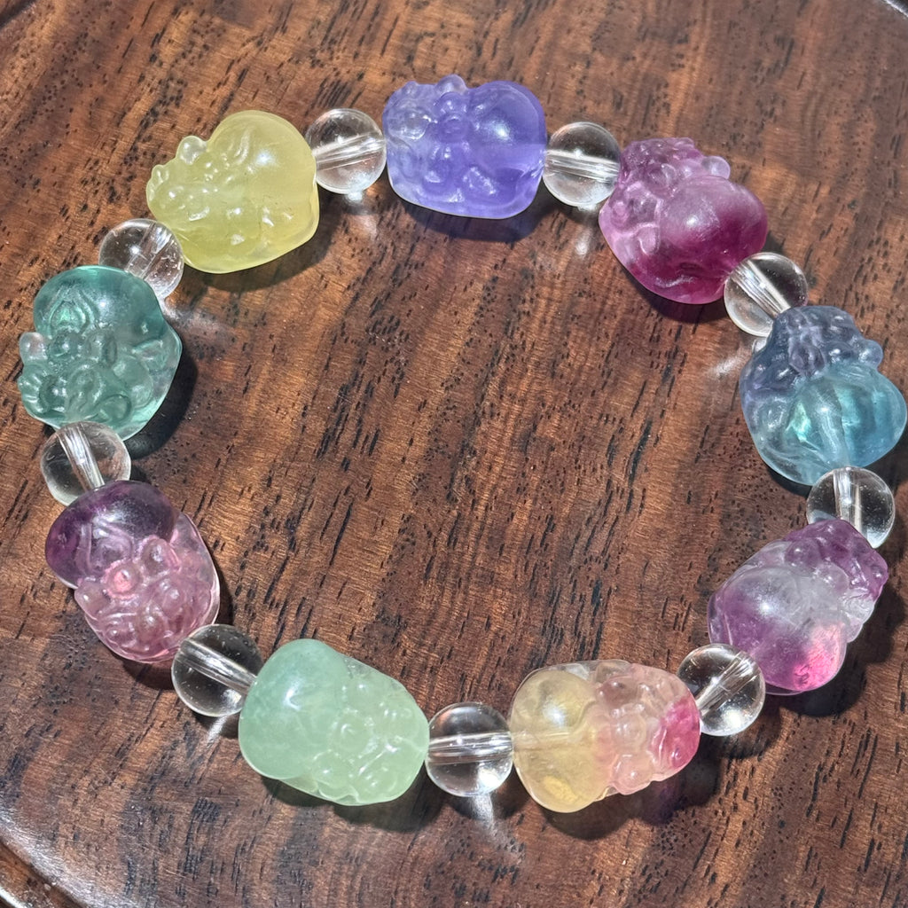 Natural Rainbow Fluorite Carved Pixiu Stretch Bracelet