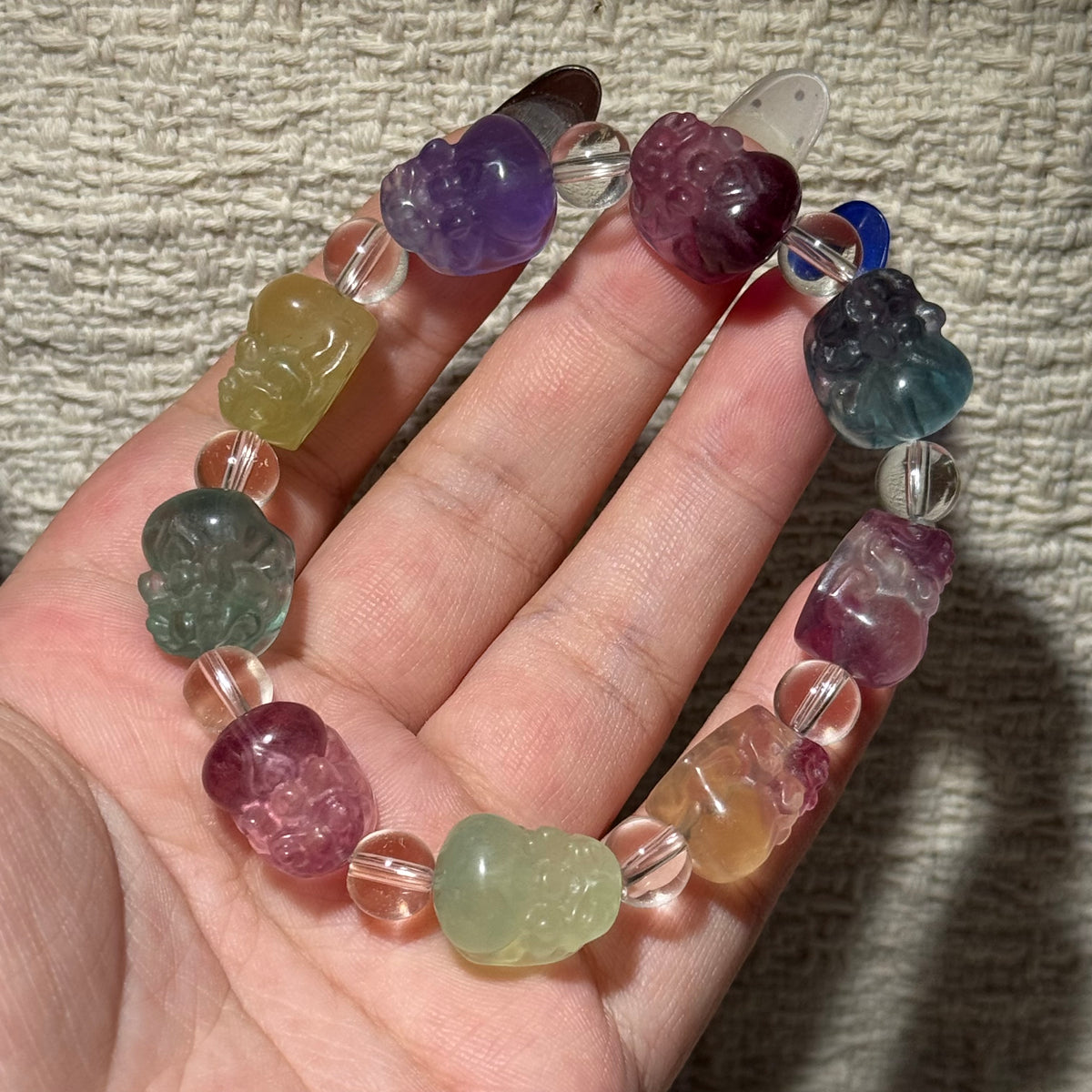 Natural Rainbow Fluorite Carved Pixiu Stretch Bracelet