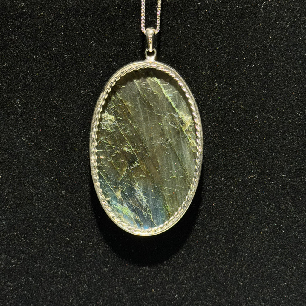 Natural Labradorite Oval Bezel‑Set Pendant