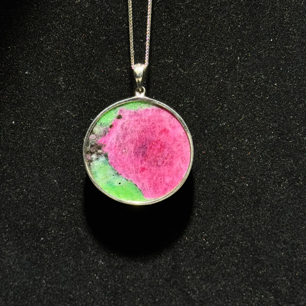 Natural Ruby‑Zoisite Round Bezel‑Set Pendant