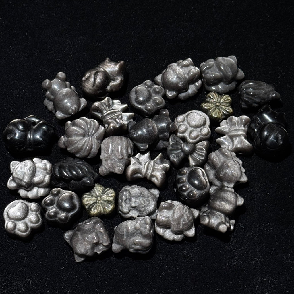 Natural Silver Obsidian Mixed Carved Charms, Cat‑Paw, Bow, Flower, Animal Mini Crystal Carvings, DIY Jewelry Making Beads