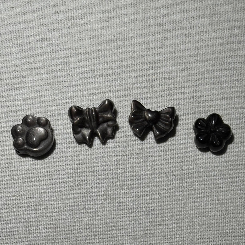 Natural Silver Obsidian Mixed Carved Charms, Cat‑Paw, Bow, Flower, Animal Mini Crystal Carvings, DIY Jewelry Making Beads