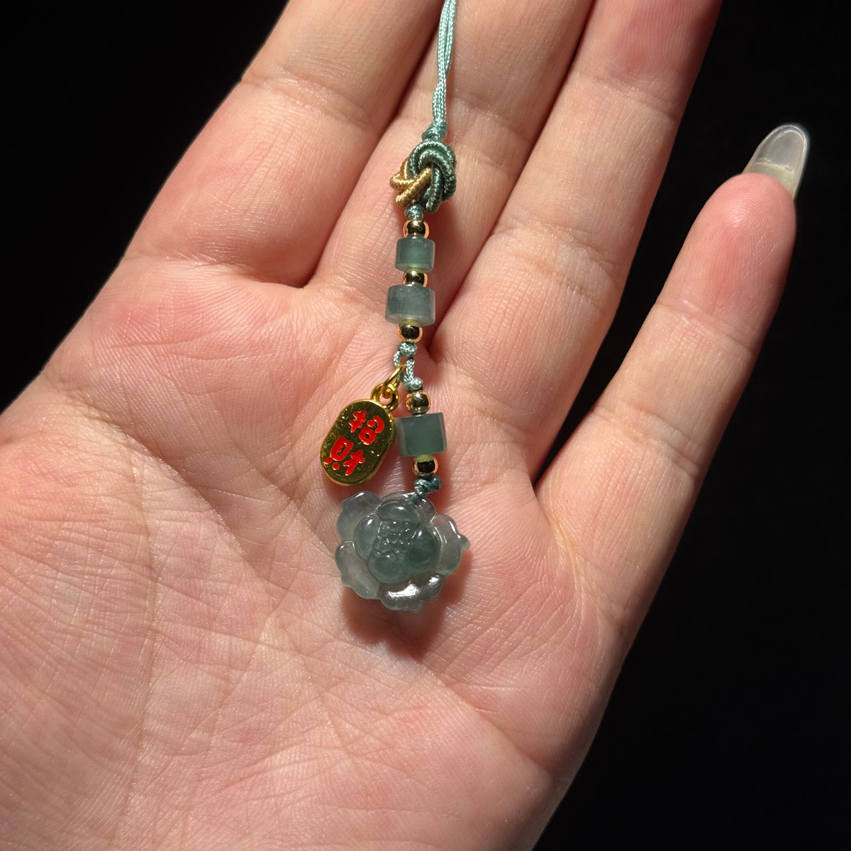 Natural Green Jade Hand‑Carved Flower Tassel Charm, Traditional Chinese Fortune Tag Jade Phone / Bag Pendant
