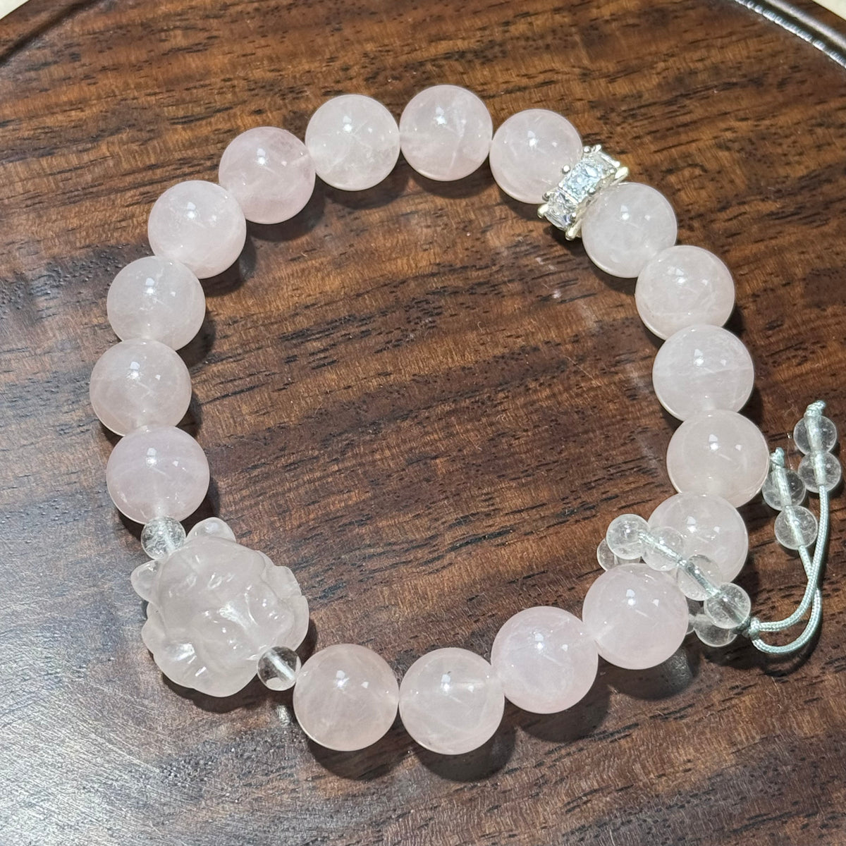 Natural Pink Rose Quartz Fox Charm Bracelet