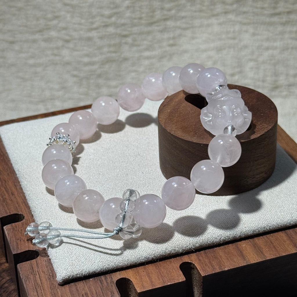 Natural Pink Rose Quartz Fox Charm Bracelet