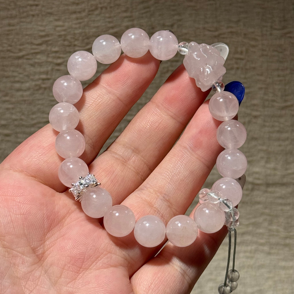 Natural Pink Rose Quartz Fox Charm Bracelet