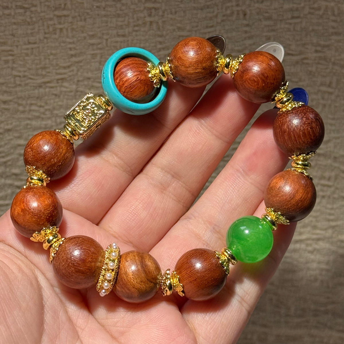 Sandalwood & Green Jade Stretch Bracelet