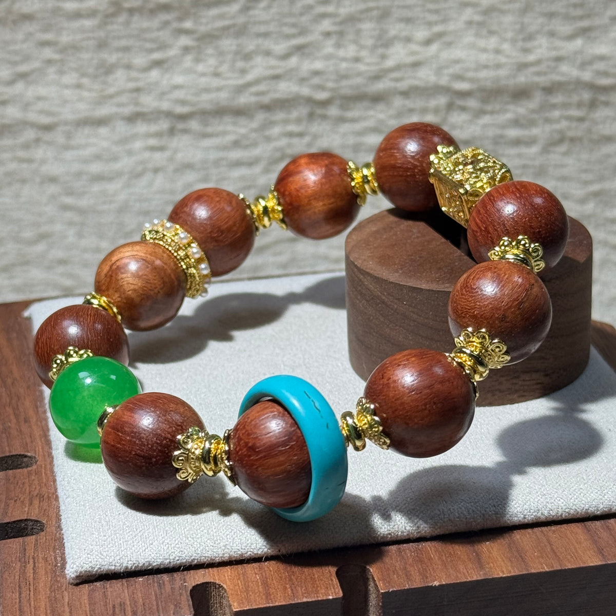 Sandalwood & Green Jade Stretch Bracelet