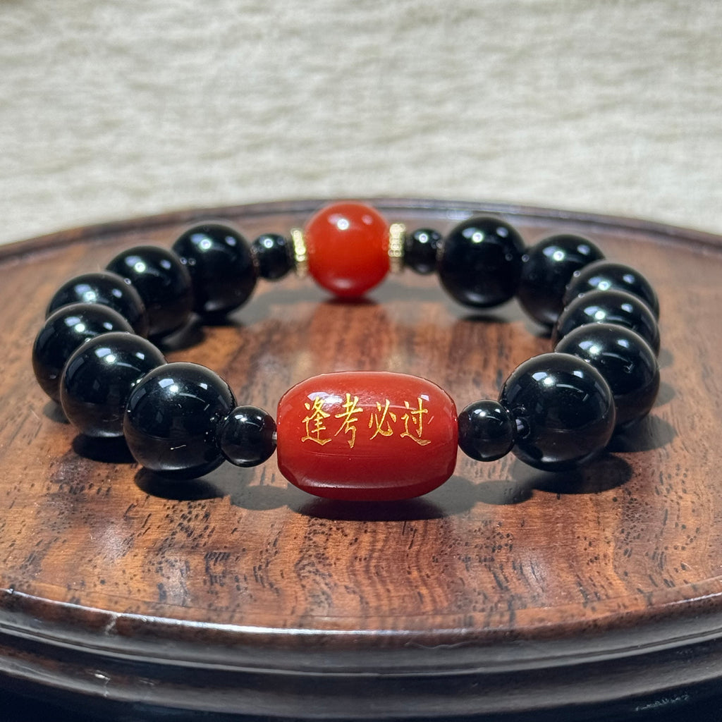 Natural Black Obsidian Stretch Bracelet, Red Agate Engraved Charm Bead Bracelet, Exam‑Luck Blessing Healing Crystal Jewelry