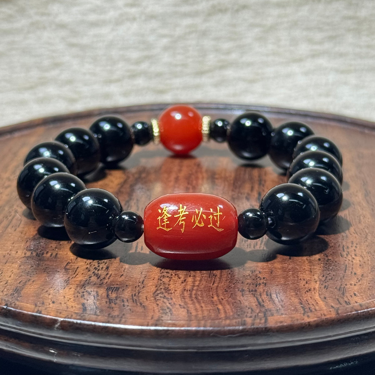 Natural Black Obsidian Stretch Bracelet, Red Agate Engraved Charm Bead Bracelet, Exam‑Luck Blessing Healing Crystal Jewelry