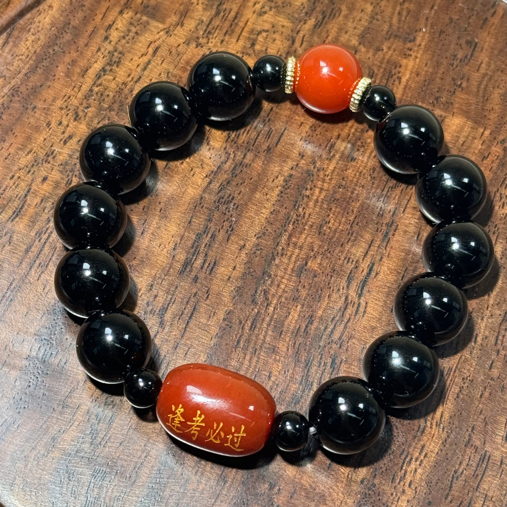 Natural Black Obsidian Stretch Bracelet, Red Agate Engraved Charm Bead Bracelet, Exam‑Luck Blessing Healing Crystal Jewelry