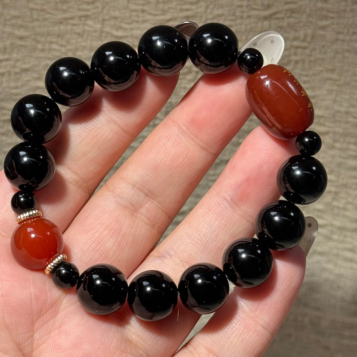 Natural Black Obsidian Stretch Bracelet, Red Agate Engraved Charm Bead Bracelet, Exam‑Luck Blessing Healing Crystal Jewelry