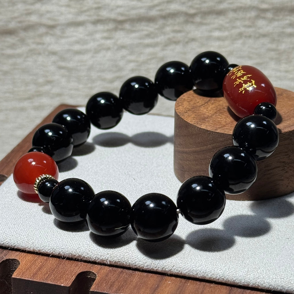 Natural Black Obsidian Stretch Bracelet, Red Agate Engraved Charm Bead Bracelet, Exam‑Luck Blessing Healing Crystal Jewelry