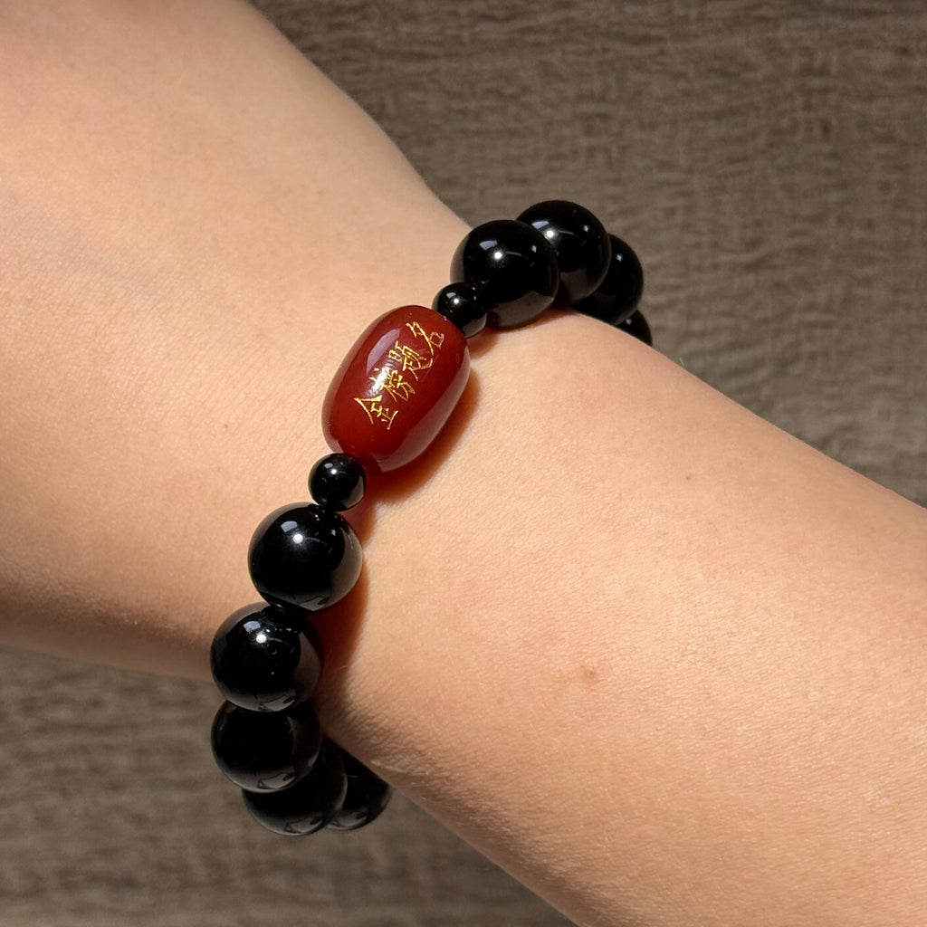 Natural Black Obsidian Stretch Bracelet, Red Agate Engraved Charm Bead Bracelet, Exam‑Luck Blessing Healing Crystal Jewelry