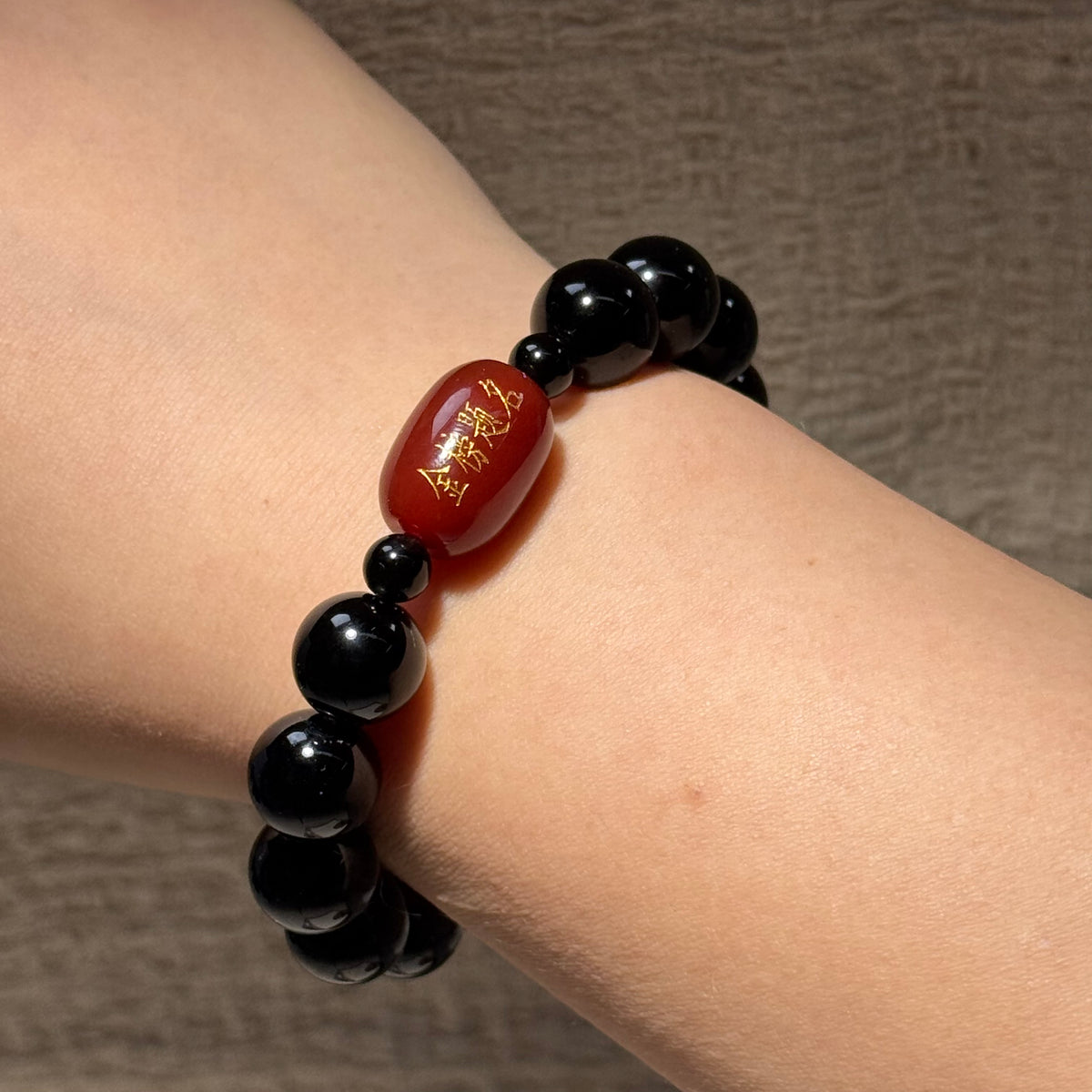 Natural Black Obsidian Stretch Bracelet, Red Agate Engraved Charm Bead Bracelet, Exam‑Luck Blessing Healing Crystal Jewelry