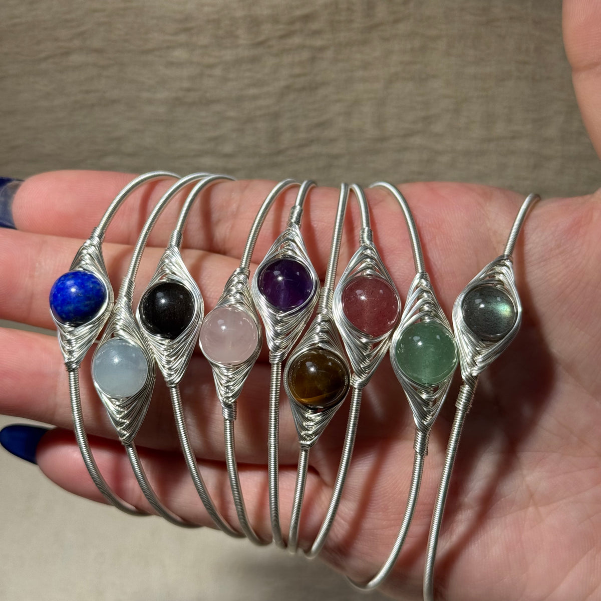 Hand‑Wrapped Silver‑Tone Copper Bangle, Assorted Natural Crystal Cabochon Open Cuff Bracelet, Boho Healing Crystal Jewelry