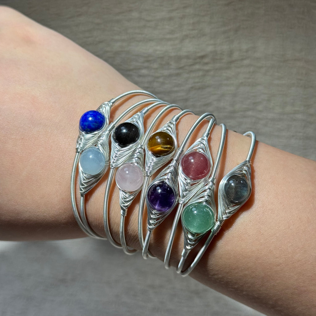 Hand‑Wrapped Silver‑Tone Copper Bangle, Assorted Natural Crystal Cabochon Open Cuff Bracelet, Boho Healing Crystal Jewelry