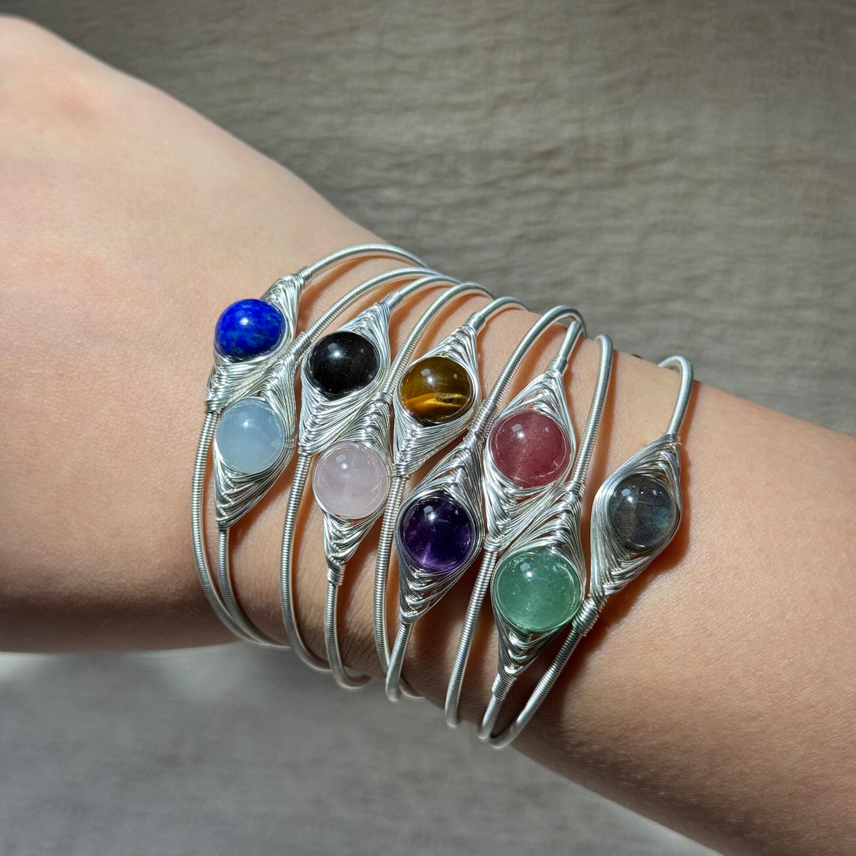 Hand‑Wrapped Silver‑Tone Copper Bangle, Assorted Natural Crystal Cabochon Open Cuff Bracelet, Boho Healing Crystal Jewelry