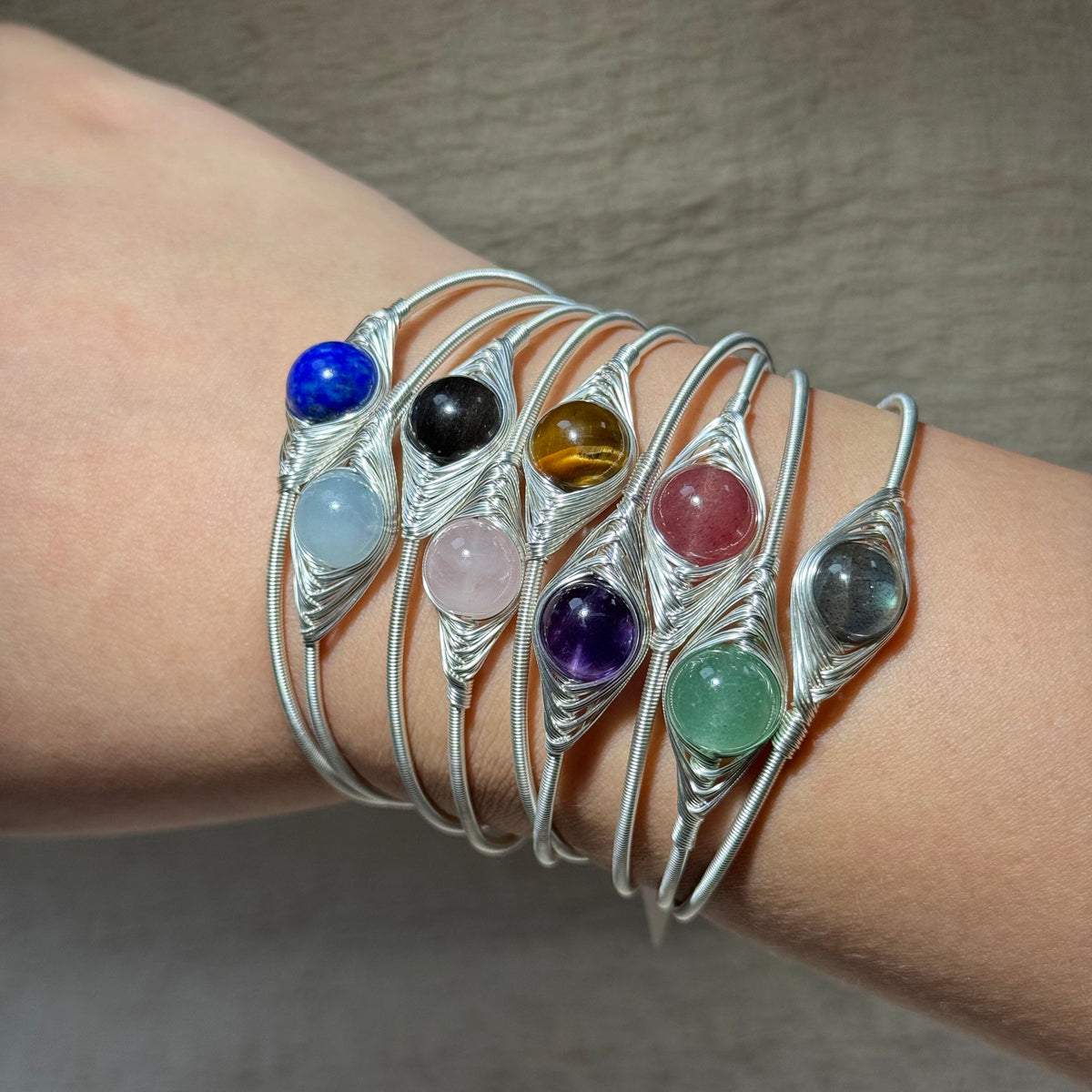 Hand‑Wrapped Silver‑Tone Copper Bangle, Assorted Natural Crystal Cabochon Open Cuff Bracelet, Boho Healing Crystal Jewelry
