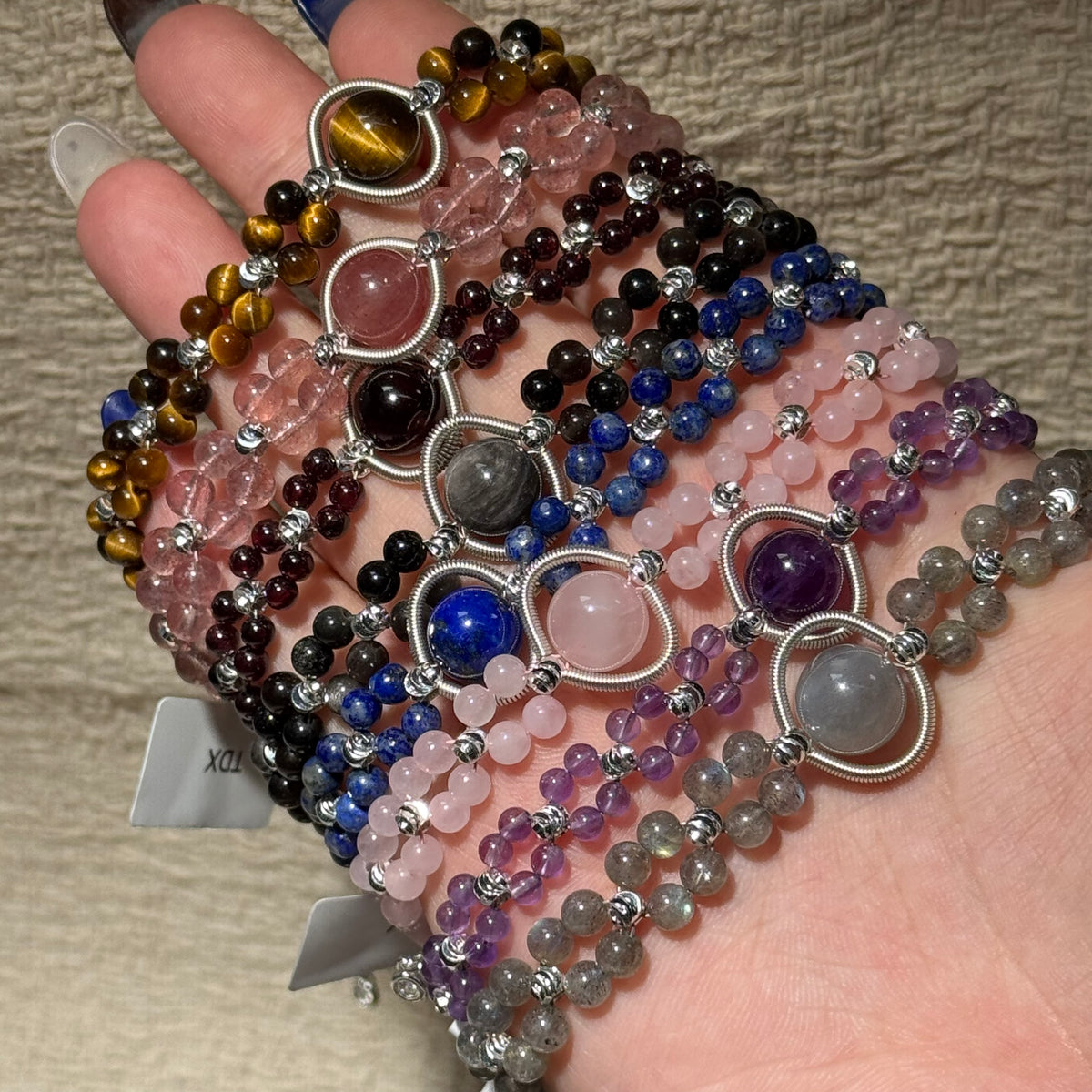 Hand‑Wrapped Silver‑Tone Copper Adjustable Beaded Bracelet
