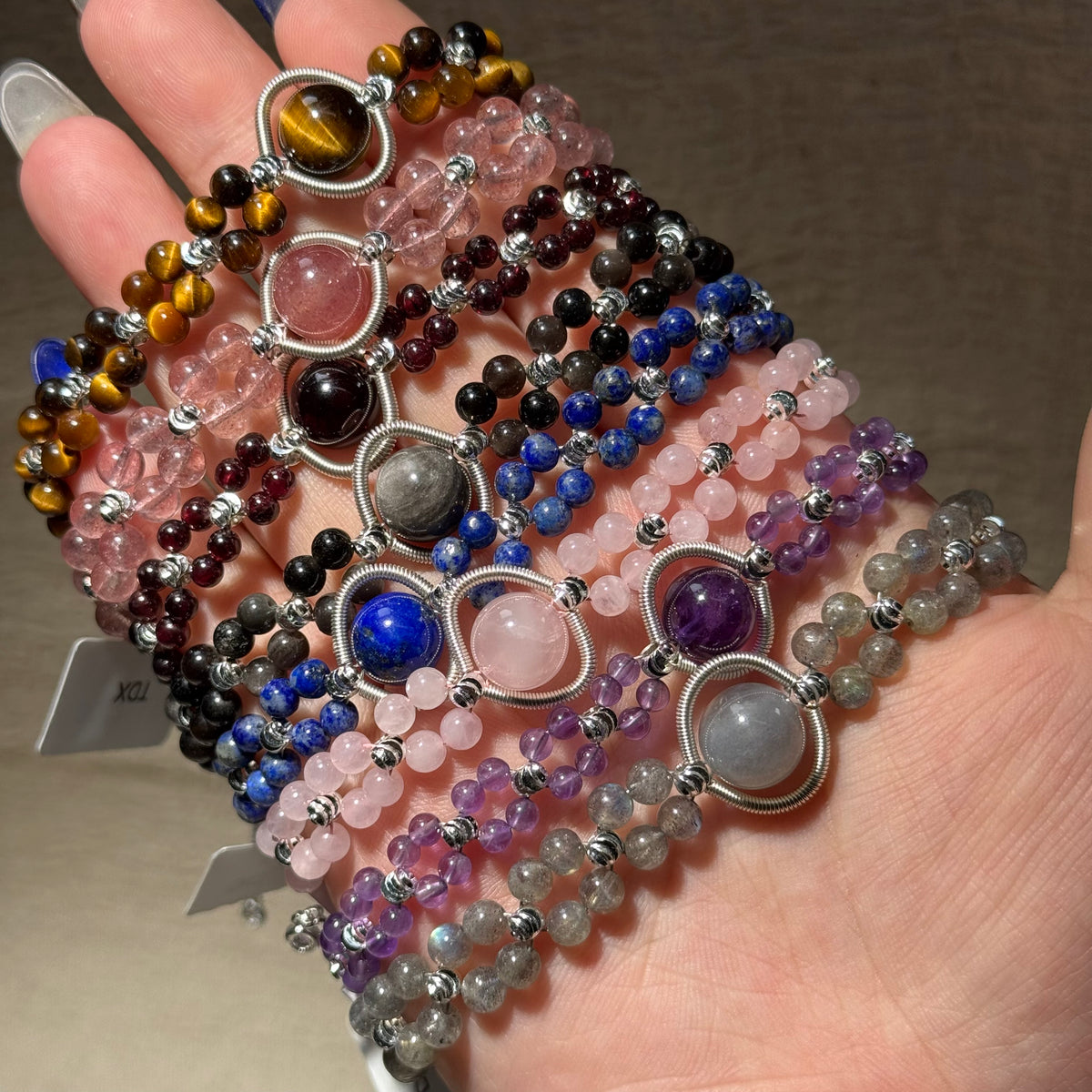 Hand‑Wrapped Silver‑Tone Copper Adjustable Beaded Bracelet