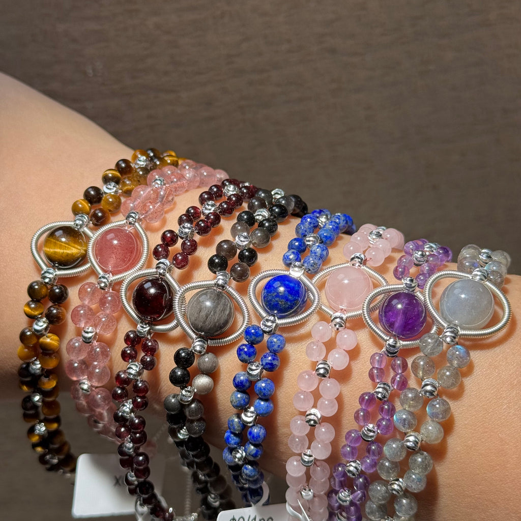 Hand‑Wrapped Silver‑Tone Copper Adjustable Beaded Bracelet