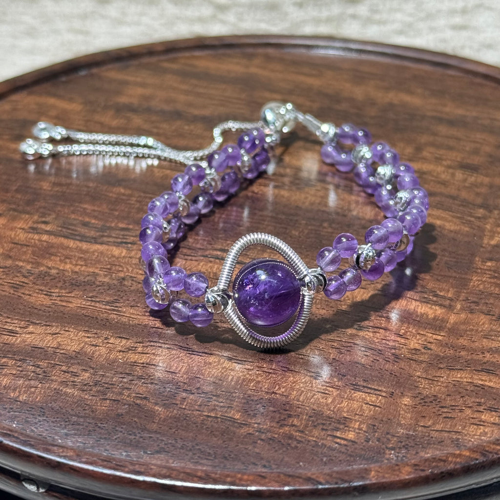 Hand‑Wrapped Silver‑Tone Copper Adjustable Beaded Bracelet