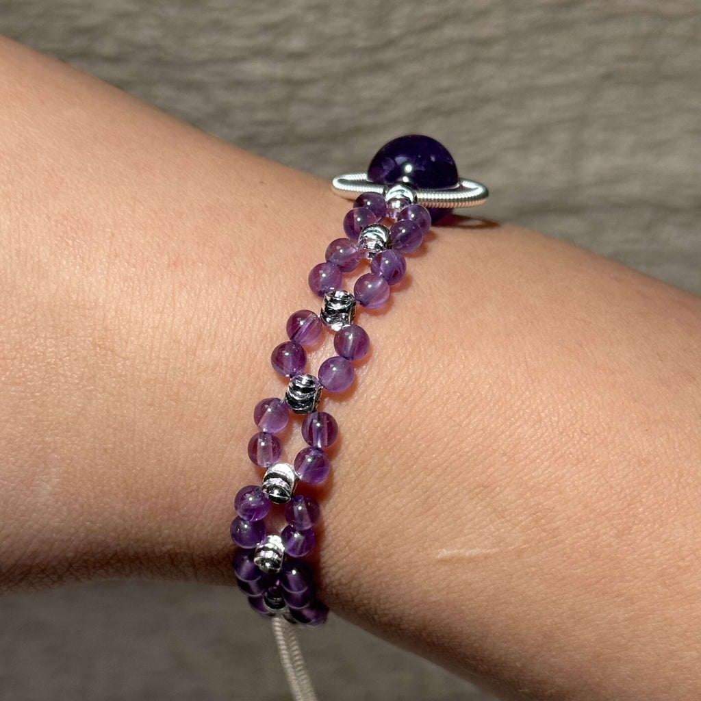 Hand‑Wrapped Silver‑Tone Copper Adjustable Beaded Bracelet