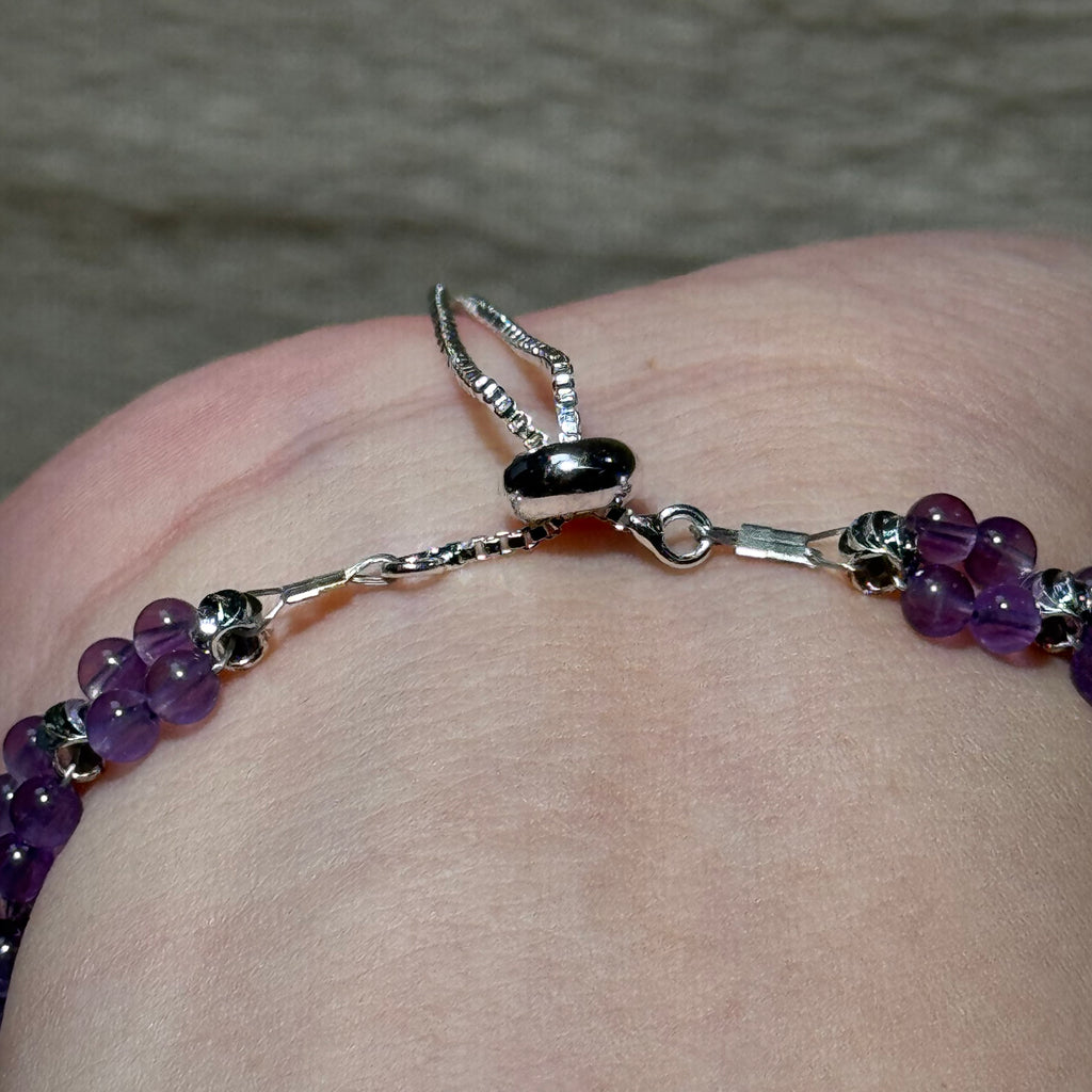 Hand‑Wrapped Silver‑Tone Copper Adjustable Beaded Bracelet