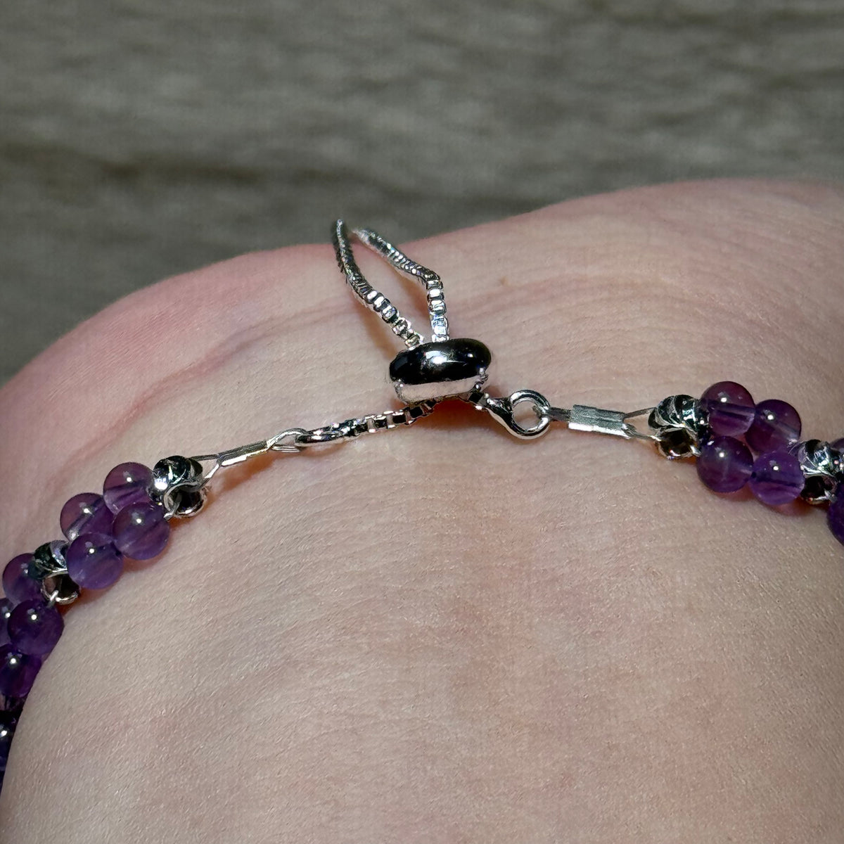 Hand‑Wrapped Silver‑Tone Copper Adjustable Beaded Bracelet