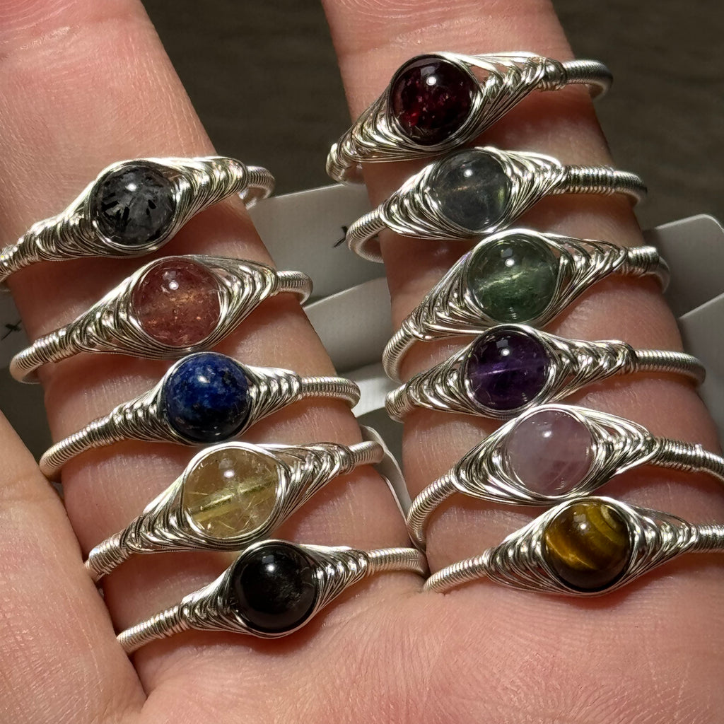 Hand‑Wrapped Silver‑Tone Copper Adjustable Ring, Assorted Natural Crystal Round Cabochon Open Ring