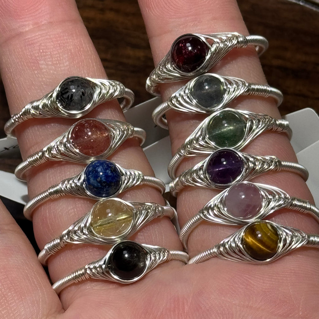 Hand‑Wrapped Silver‑Tone Copper Adjustable Ring, Assorted Natural Crystal Round Cabochon Open Ring