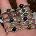 Hand‑Wrapped Silver‑Tone Copper Adjustable Ring, Assorted Natural Crystal Round Cabochon Open Ring