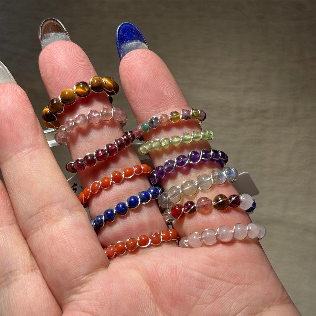 Hand‑Wrapped Silver‑Tone Copper Beaded Stacking Ring