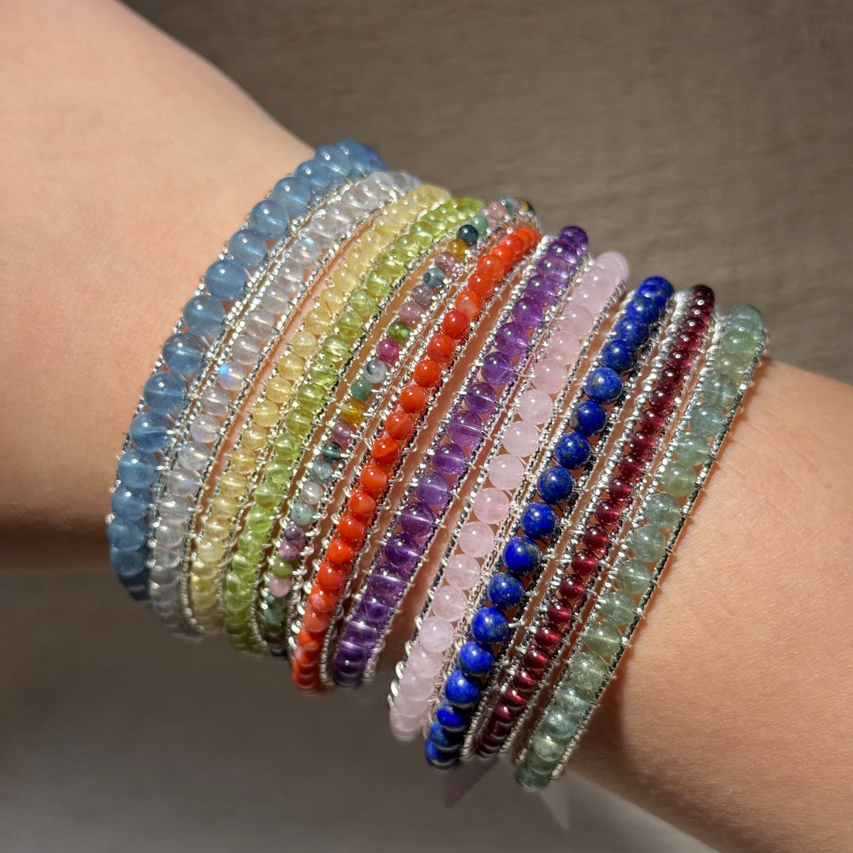 Hand‑Wrapped Silver‑Tone Copper Thin Beaded Bangle