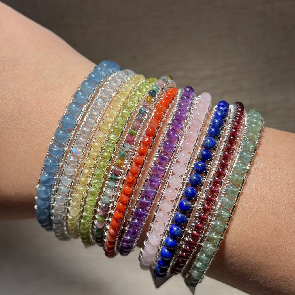 Hand‑Wrapped Silver‑Tone Copper Thin Beaded Bangle