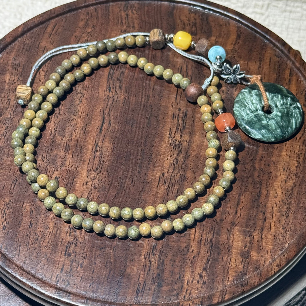 Natural Green Sandalwood Beaded Necklace, Seraphinite Peace‑Pendant Hand‑Knotted Boho Layering Necklace
