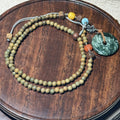 Natural Green Sandalwood Beaded Necklace, Seraphinite Peace‑Pendant Hand‑Knotted Boho Layering Necklace