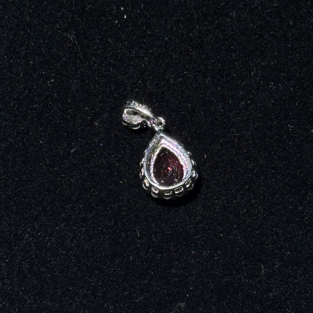 Natural Garnet Teardrop Halo Silver‑Tone Pendant