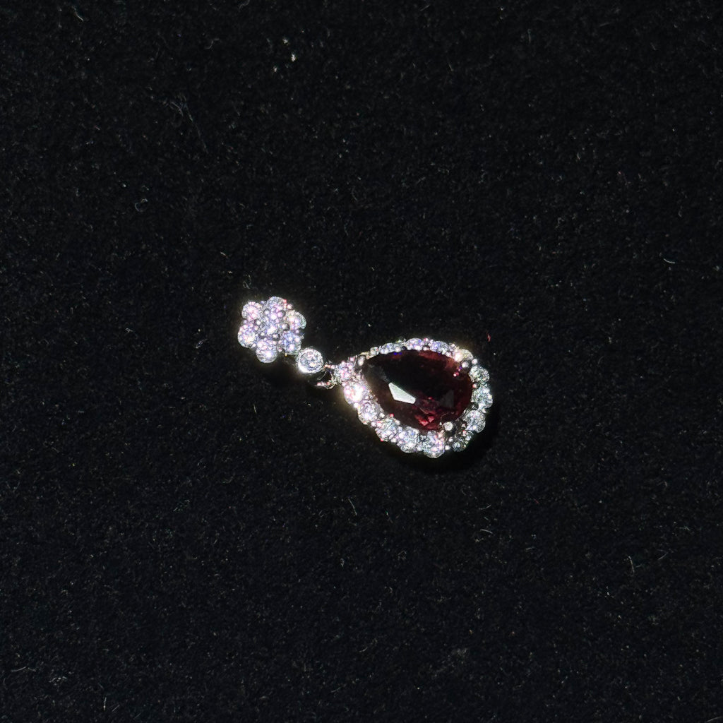 Natural Garnet Teardrop Halo Silver‑Tone Pendant