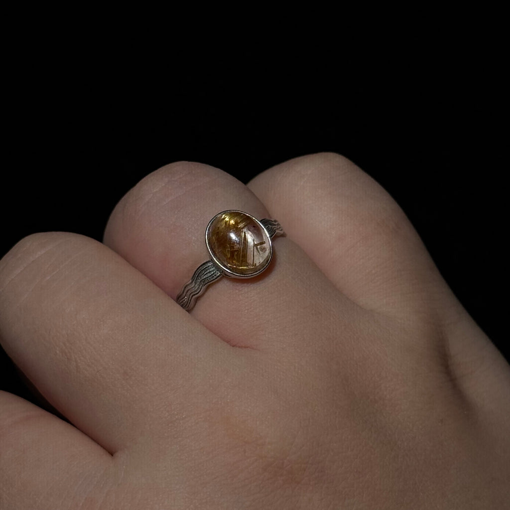 Natural Golden Rutilated Quartz Round Cabochon Ring