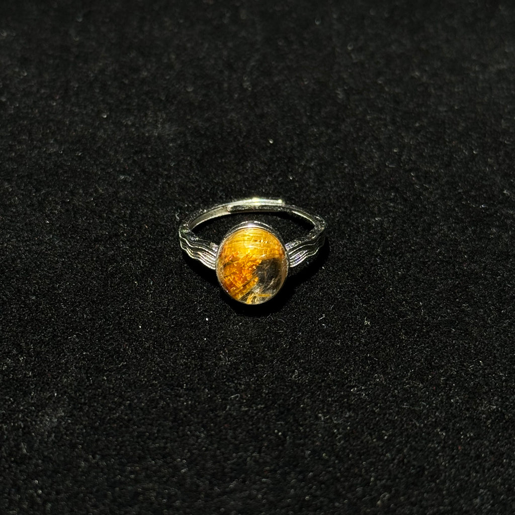 Natural Golden Rutilated Quartz Round Cabochon Ring