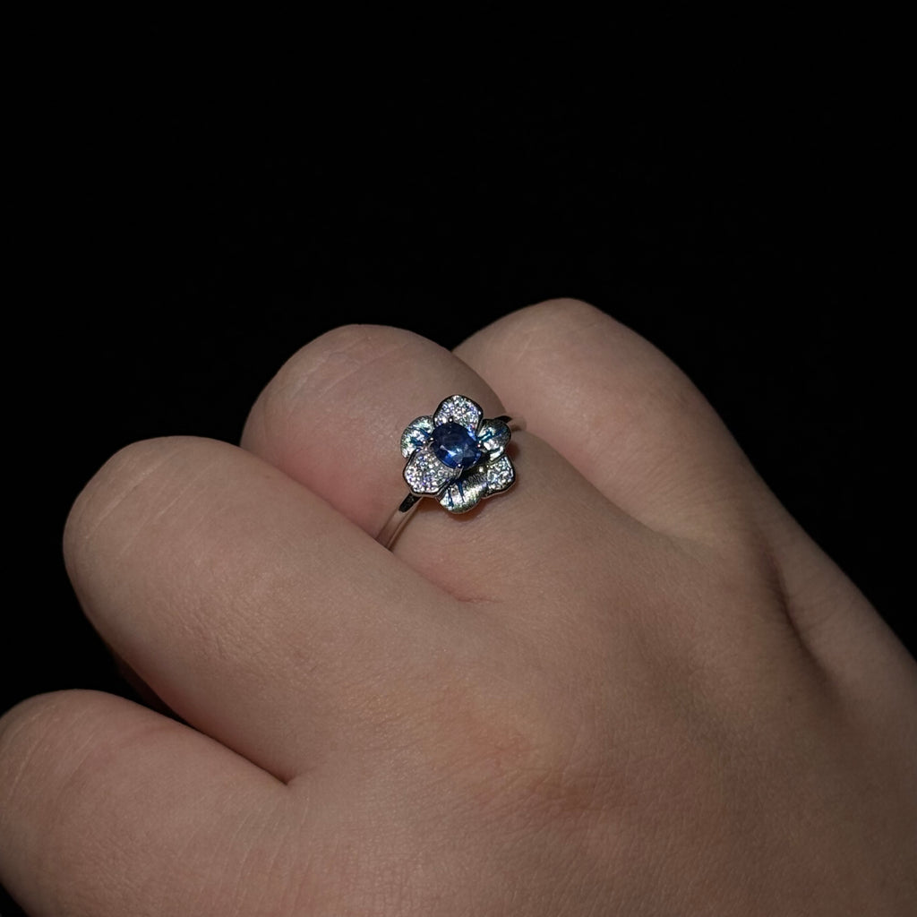 Adjustable Flower‑Shape Enamel Ring, Blue Crystal Floral Open Band Ring