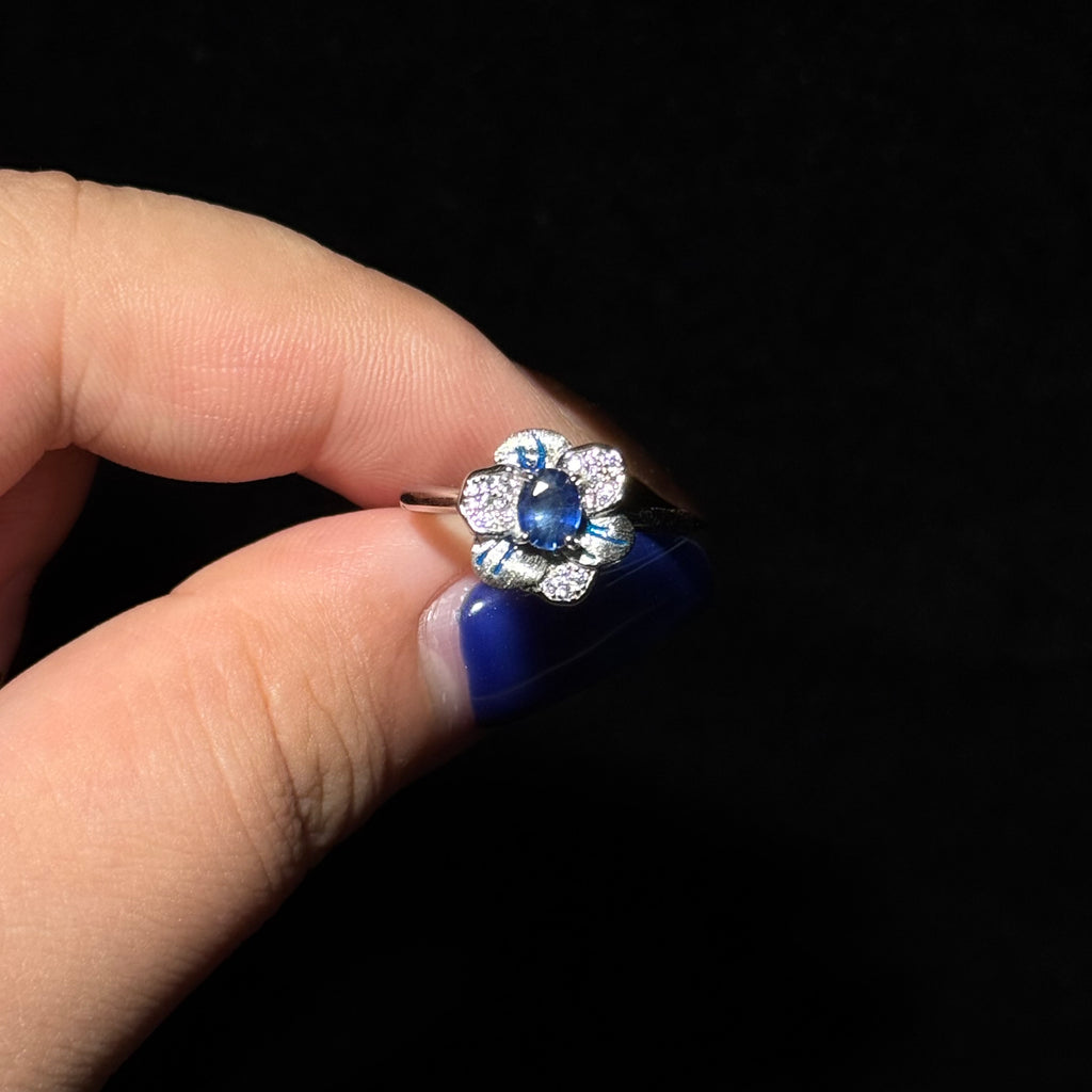 Adjustable Flower‑Shape Enamel Ring, Blue Crystal Floral Open Band Ring